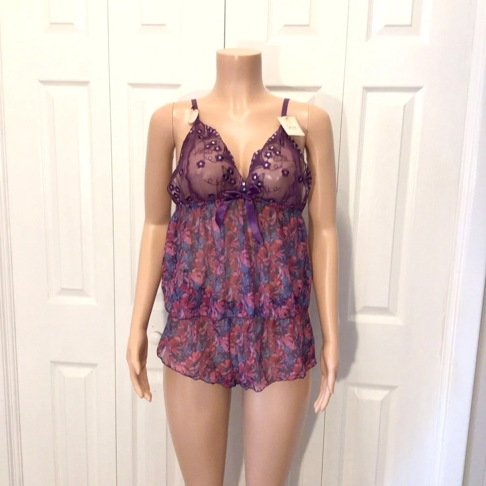 Spree Intimates 2pc Purple Floral Mesh Camisole Babydoll Nightie Set Size XL